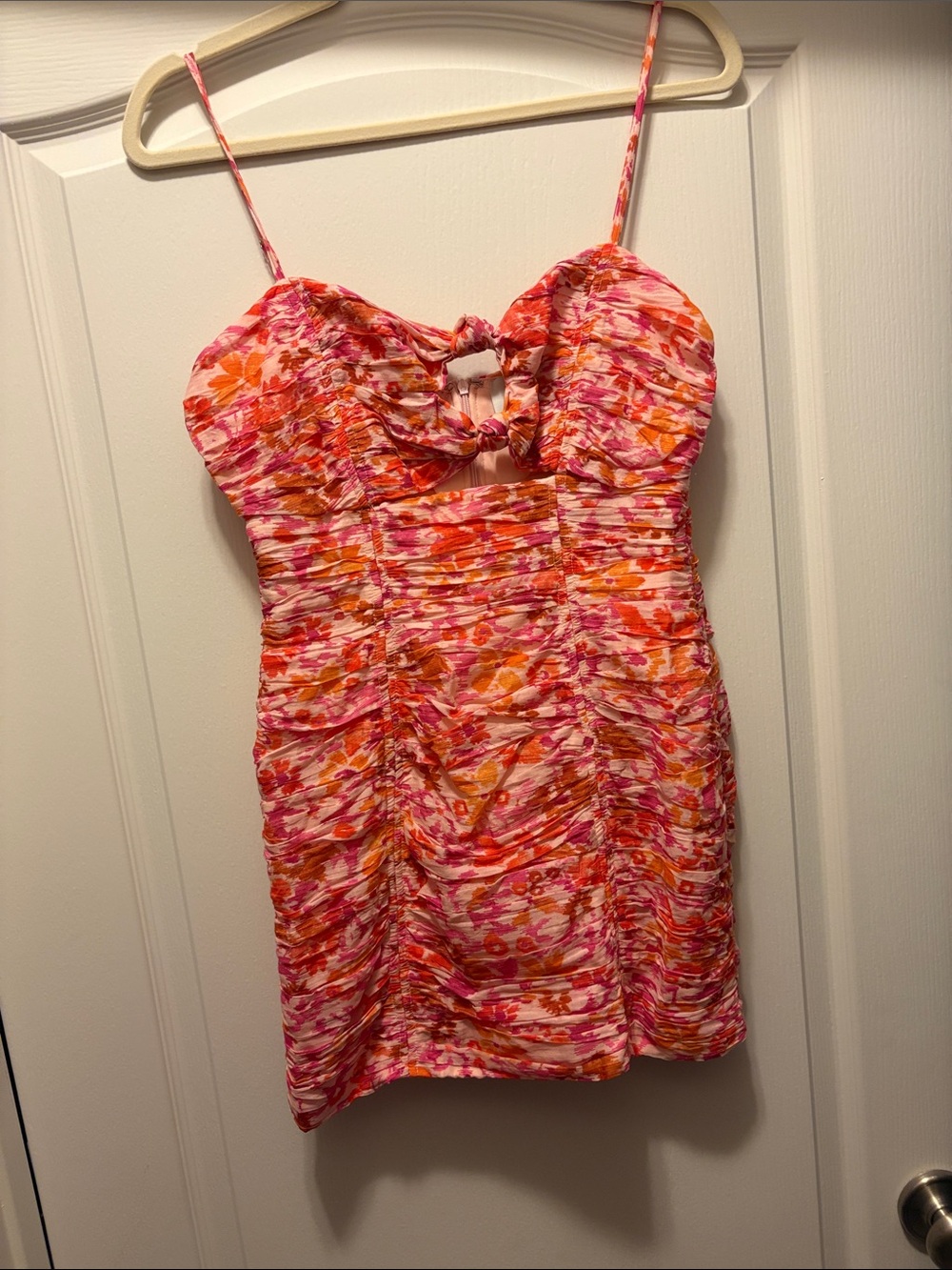 Hausen Ruched Floral Mini Dress in Pink & Orange